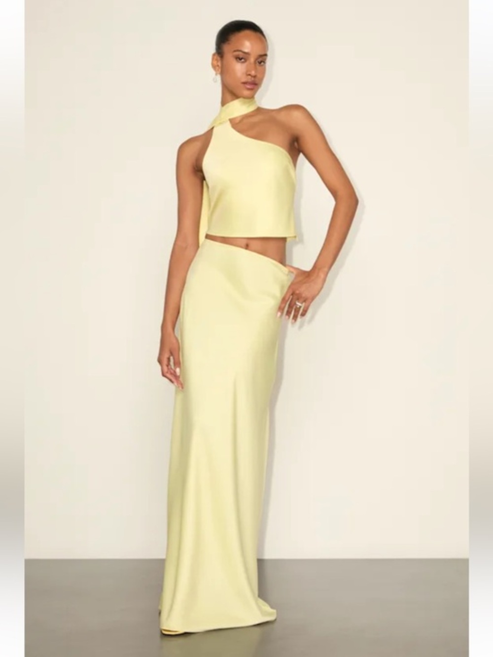 NWT Lulus Two Piece Marabella Light Yellow Satin One-Shoulder Sash Top and skirt